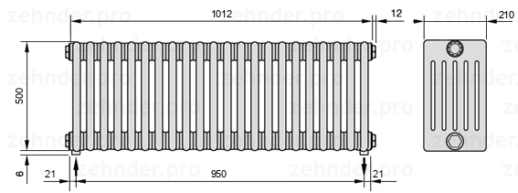 Схема (чертеж) Радиатор Zehnder Charleston 6050/22 №5310 Белый глянцевый RAL 9016
